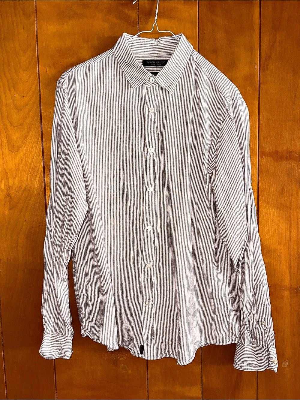 Banana Republic Untucked Slim-Fit Linen-Cotton Shirt, White & Brown, Medium